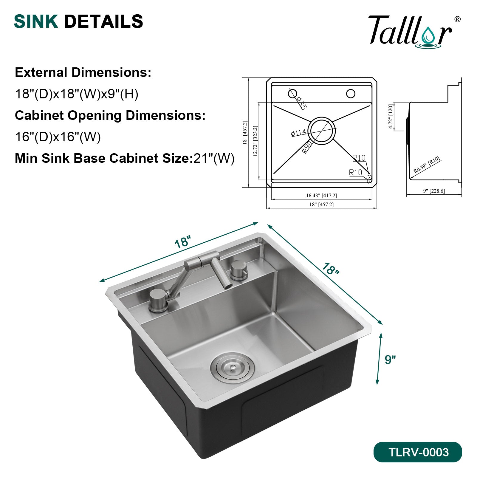 Talllor Rv Sink 18"x18"x9" Bar Sink Undermount 16 Guage Stainless Steel Single Bowl Rv Hidden Sink With Faucet Small Kitchen Sink Folding Sink For Small Space,TLRV-0037