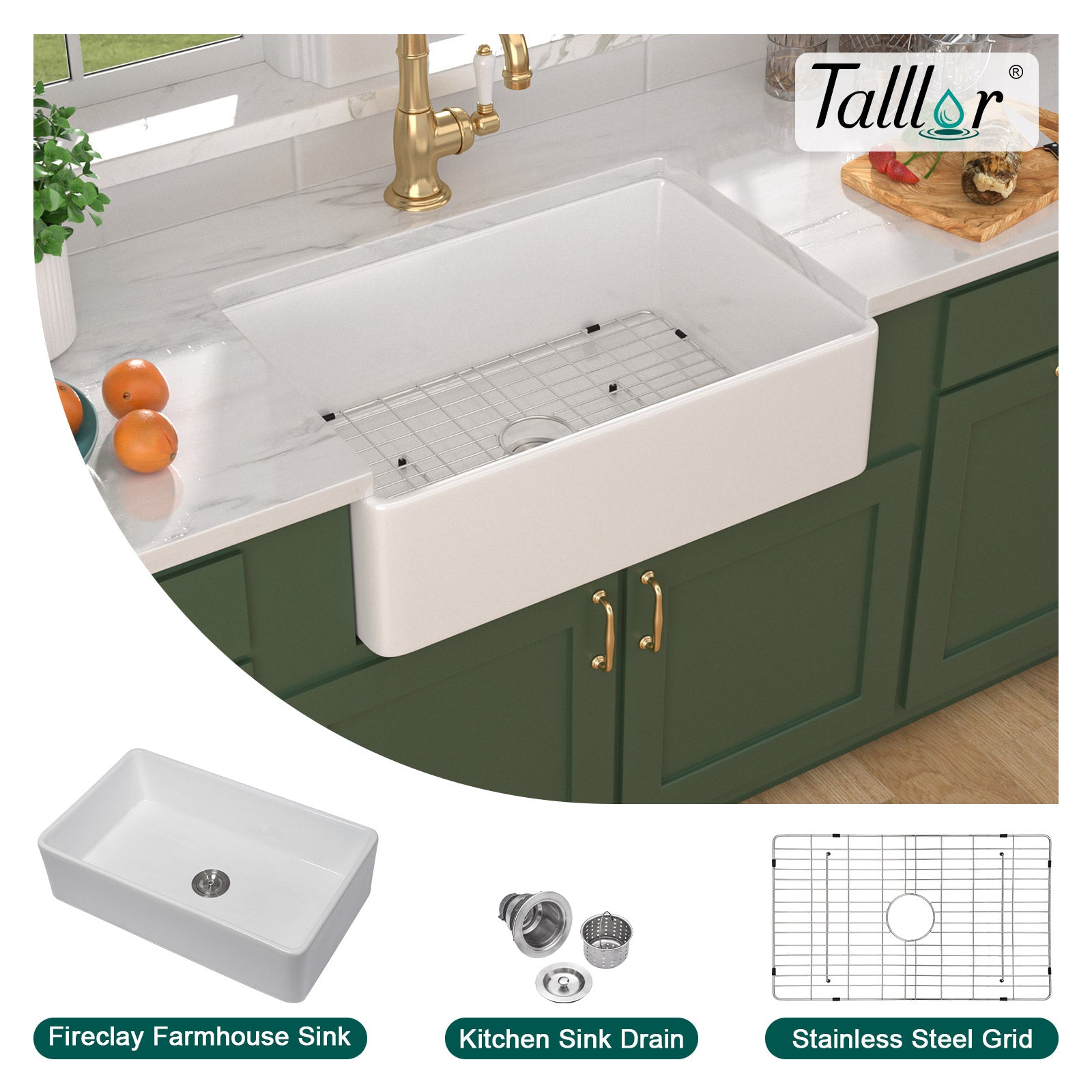 Talllor Fireclay Farmhouse Sink 30 Inch White Farmhouse Sink Apron Front Sink Country Style Barn Kitchen Sink Farmers Sink Porcelain Farm House Sink,20"x30"x9",TLAC-0031