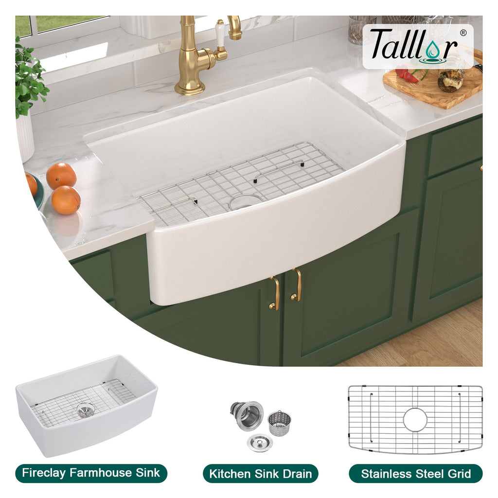 Talllor Fireclay Farmhouse Sink 33 Inch White Farmhouse Sink Apron Front Sink Country Style Barn Kitchen Sink Farmers Sink Porcelain Farm House Sink,20"x33"x10",TLAC-0040