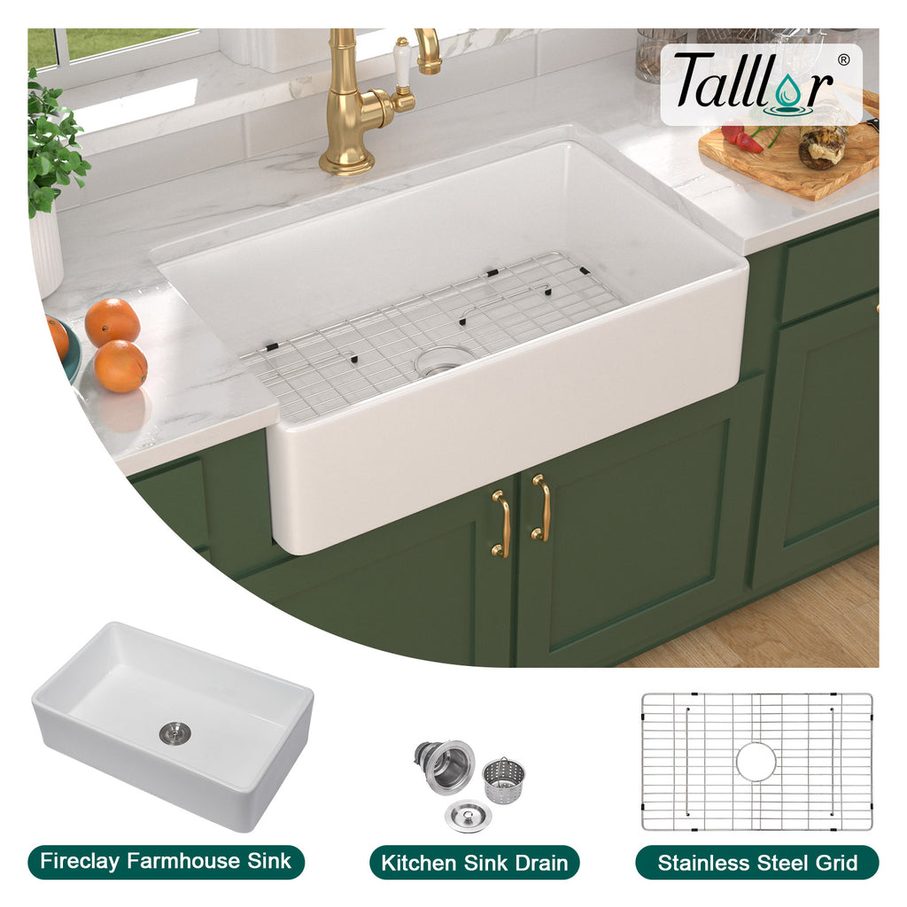 Talllor Fireclay Farmhouse Sink 33 Inch White Farmhouse Sink Apron Front Sink Country Style Barn Kitchen Sink Farmers Sink Porcelain Farm House Sink,20"x33"x9",TLAC-0035