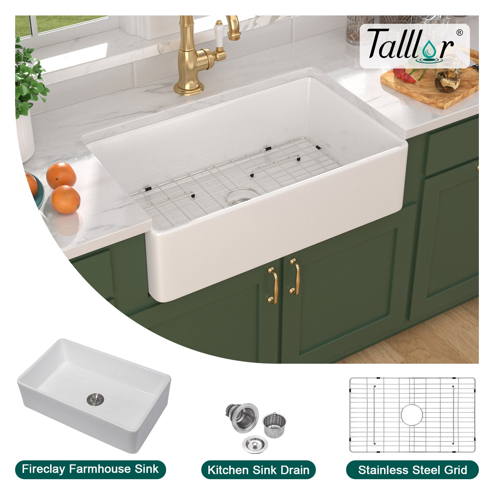 Talllor Fireclay Farmhouse Sink 33 Inch White Farmhouse Sink Apron Front Sink Country Style Barn Kitchen Sink Farmers Sink Porcelain Farm House Sink,20"x33"x9",TLAC-0035