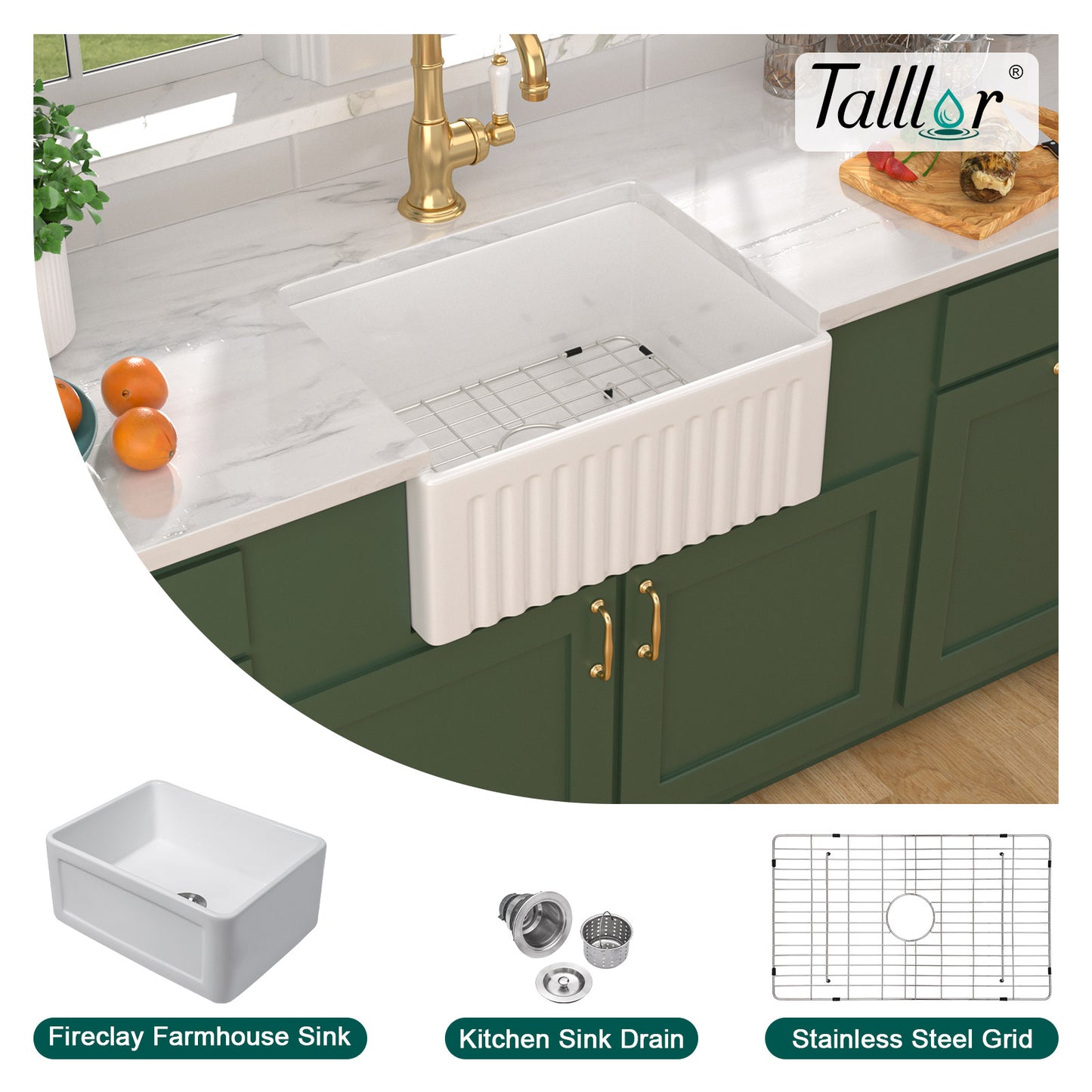 Talllor Fireclay Farmhouse Sink 24 Inch White Farmhouse Sink Apron Front Sink Country Style Barn Kitchen Sink Farmers Sink Porcelain Farm House Sink,18"x24"x10",TLAC-0030