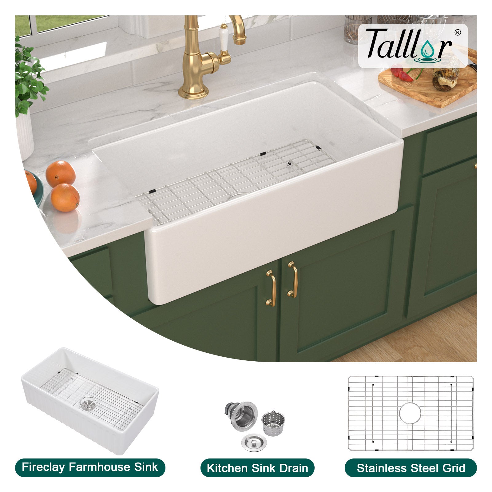 Talllor Fireclay Farmhouse Sink 33 Inch White Farmhouse Sink Apron Front Sink Country Style Barn Kitchen Sink Farmers Sink Porcelain Farm House Sink,18"x33"x10",TLAC-0039