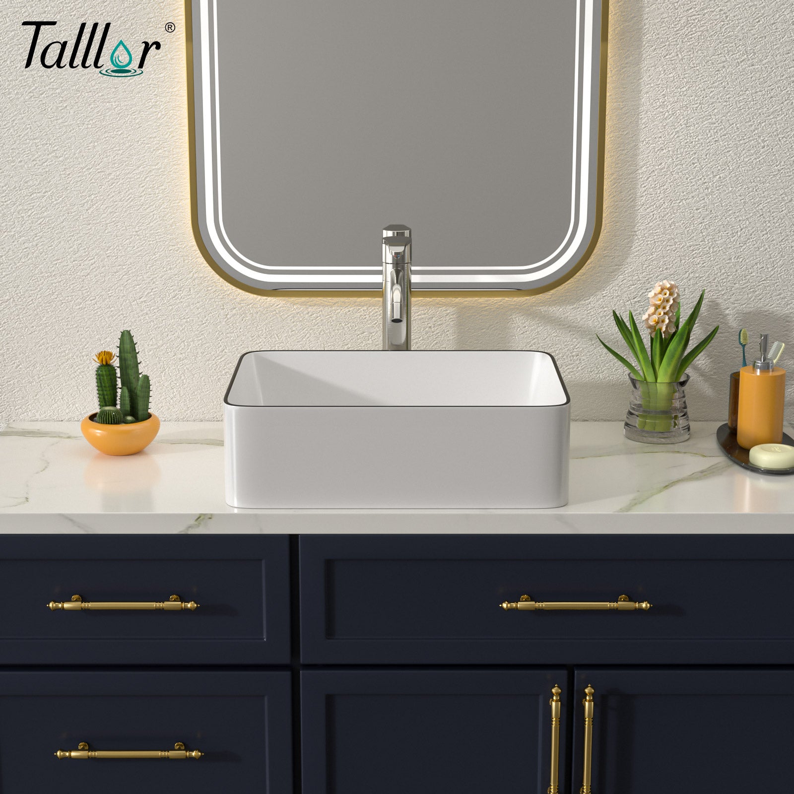 Talllor Bathroom Vessel Sinks 19 Inch White Vessel Sink with Black Rim Modern Small Bathroom Sink Above Counter Rectangular Vessel Sink Vanity Bowl Sinks for Bathroom,15"x19"x5",TLVS-0004
