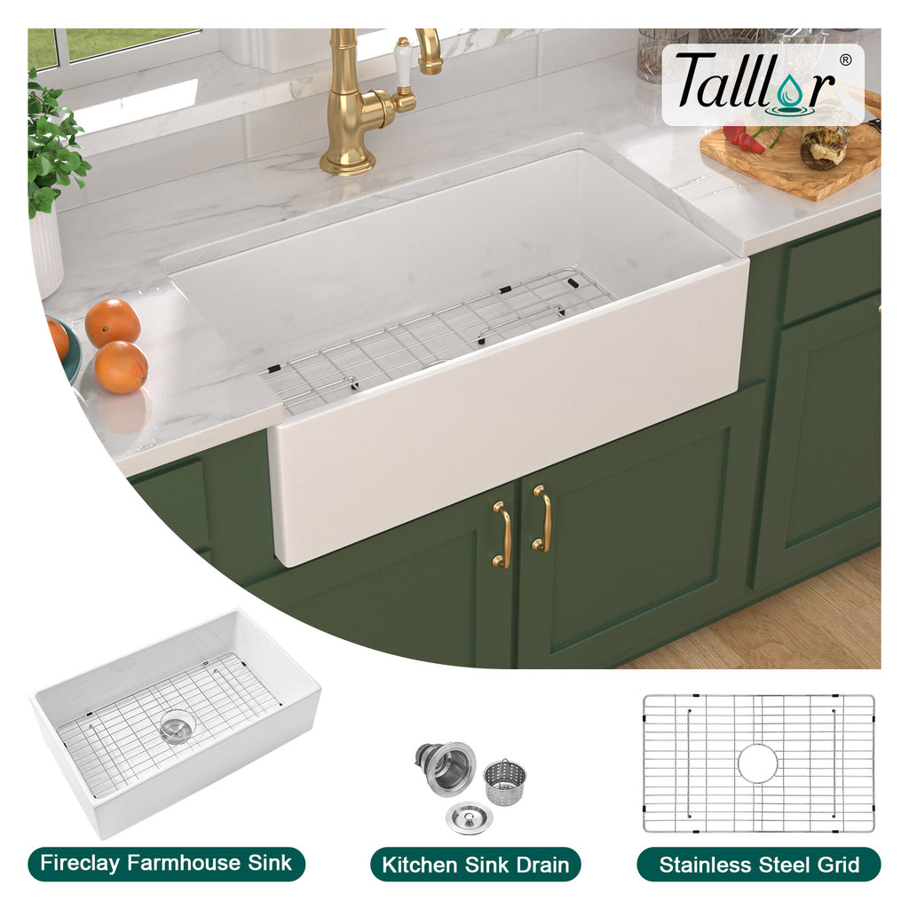 Talllor Fireclay Farmhouse Sink 33 Inch White Farmhouse Sink Apron Front Sink Country Style Barn Kitchen Sink Farmers Sink Porcelain Farm House Sink,18"x33"x10",TLAC-0046