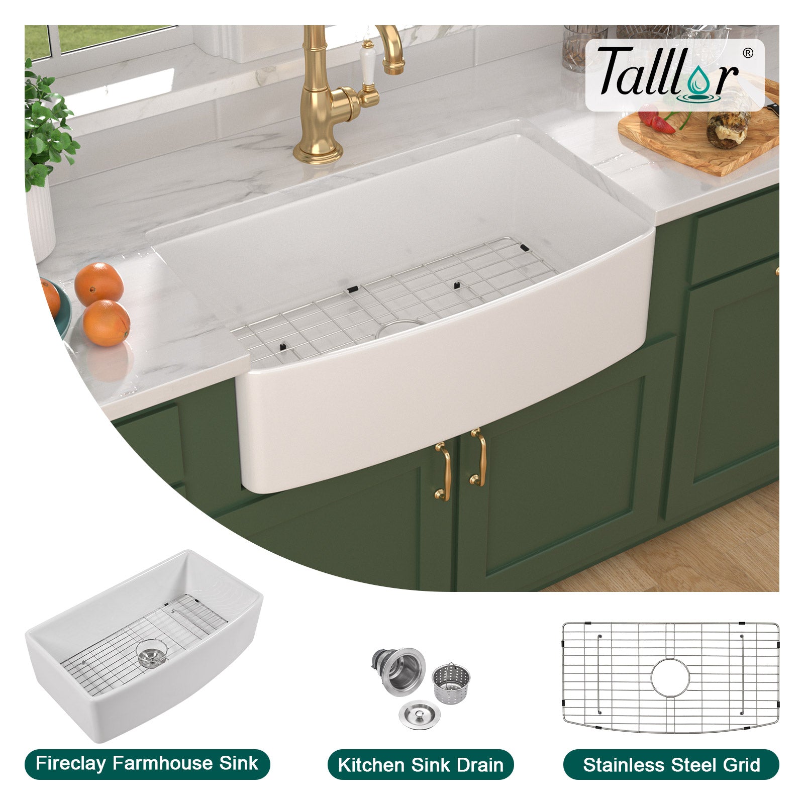 Talllor Fireclay Farmhouse Sink 33 Inch White Farmhouse Sink Apron Sink Country Style Barn Kitchen Sink Farmers Sink Porcelain Farm House Sink,19"x33"x10",TLAC-0034
