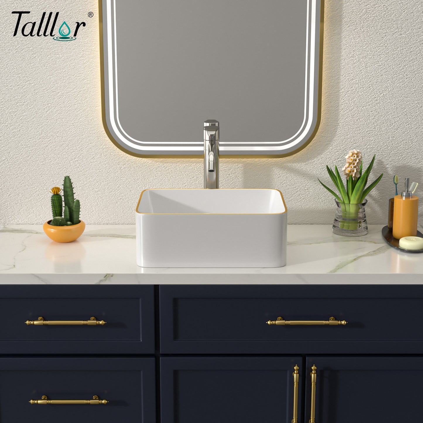 Talllor Bathroom Vessel Sinks 16 Inch White Vessel Sink with Gold Rim Modern Small Bathroom Sink Above Counter Rectangular Vessel Sink Vanity Bowl Sinks for Bathroom,12"x16"x5",TLVS-0003