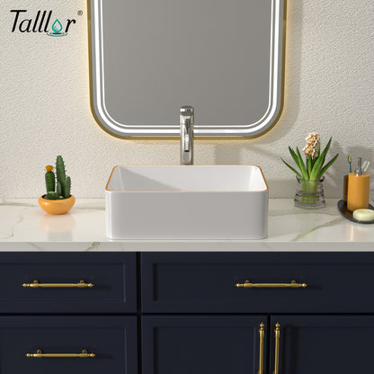 Talllor Bathroom Vessel Sinks 16 Inch White Vessel Sink with Gold Rim Modern Small Bathroom Sink Above Counter Rectangular Vessel Sink Vanity Bowl Sinks for Bathroom,15"x19"x5",TLVS-0006