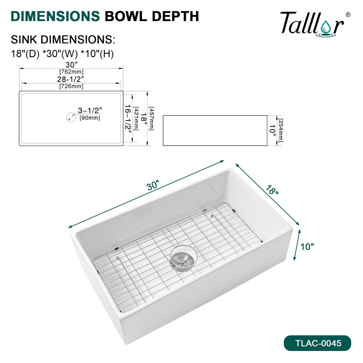 Talllor Fireclay Farmhouse Sink 30 Inch White Farmhouse Sink Apron Front Sink Country Style Barn Kitchen Sink Farmers Sink Porcelain Farm House Sink,18"x30"x10",TLAC-0045