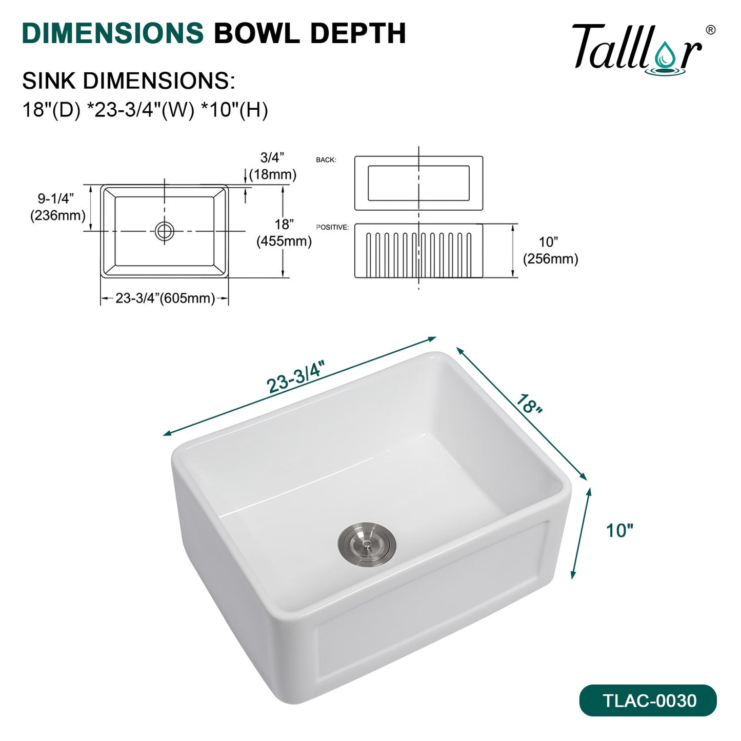 Talllor Fireclay Farmhouse Sink 24 Inch White Farmhouse Sink Apron Front Sink Country Style Barn Kitchen Sink Farmers Sink Porcelain Farm House Sink,18"x24"x10",TLAC-0030