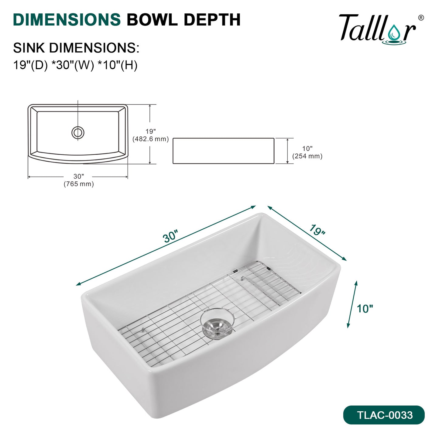 Talllor Fireclay Farmhouse Sink 30 Inch White Farmhouse Sink Apron Front Sink Country Style Barn Kitchen Sink Farmers Sink Porcelain Farm House Sink,19"x30"x10",TLAC-0033