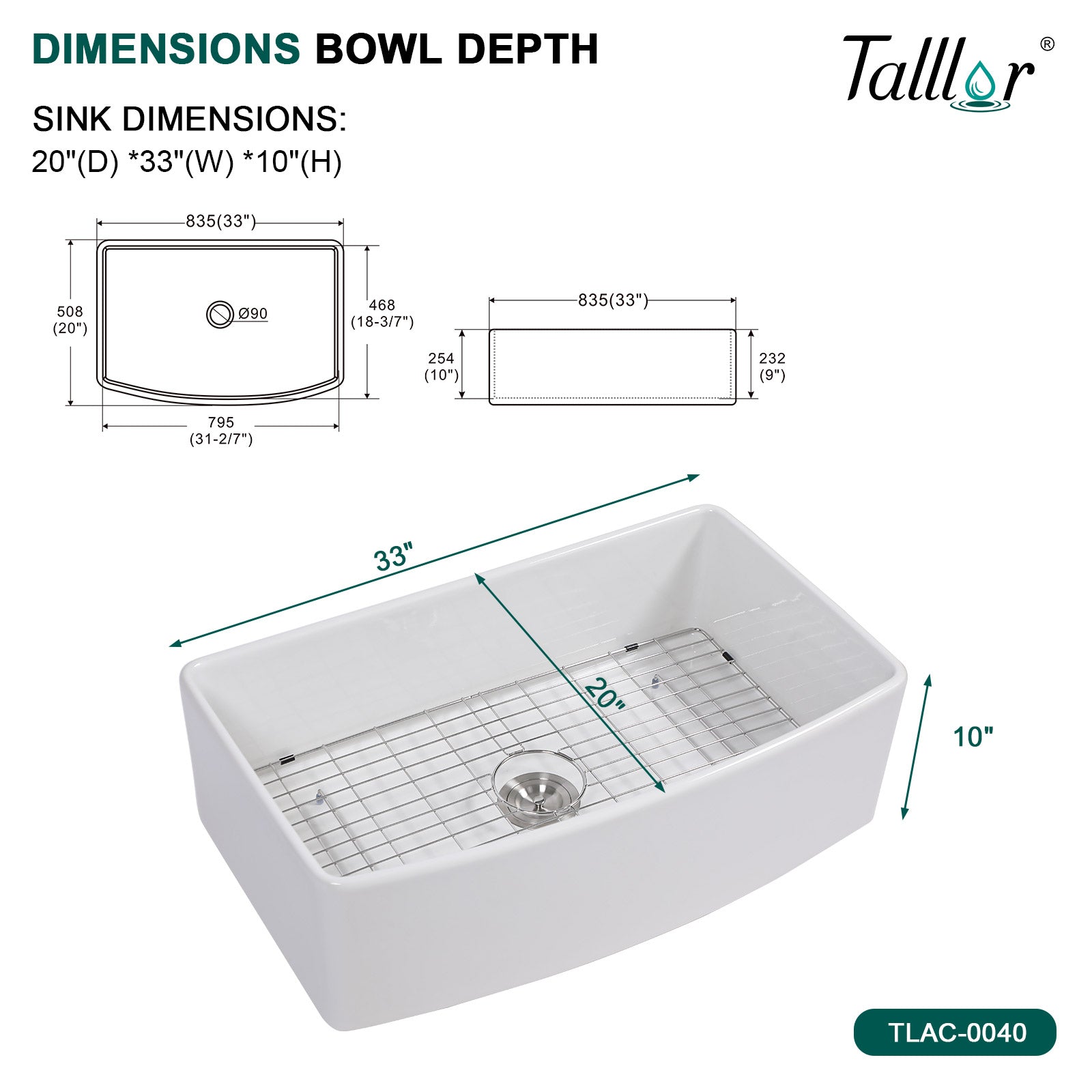 Talllor Fireclay Farmhouse Sink 33 Inch White Farmhouse Sink Apron Front Sink Country Style Barn Kitchen Sink Farmers Sink Porcelain Farm House Sink,20"x33"x10",TLAC-0040