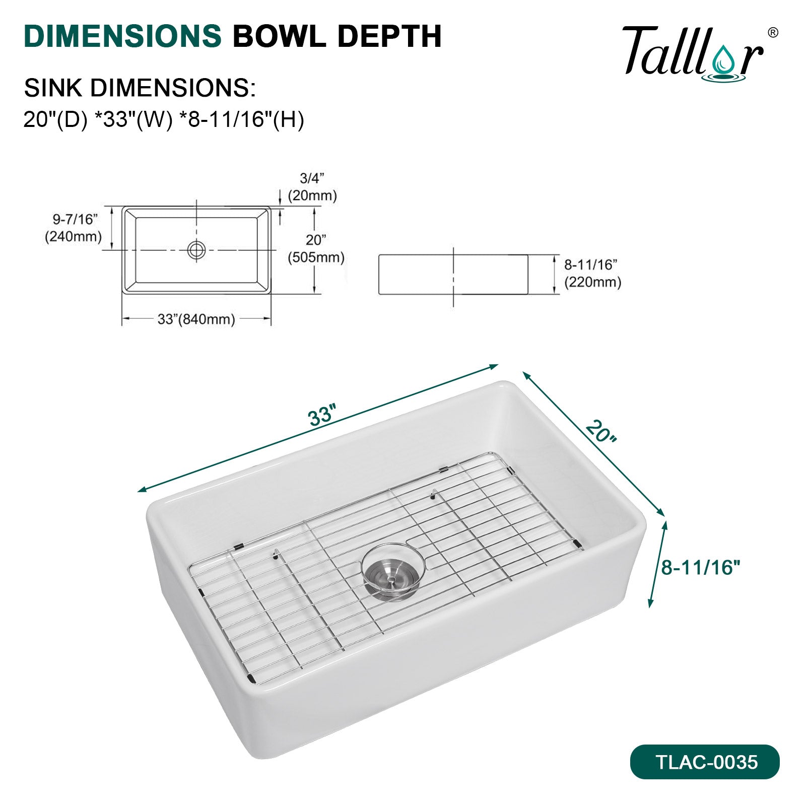 Talllor Fireclay Farmhouse Sink 33 Inch White Farmhouse Sink Apron Front Sink Country Style Barn Kitchen Sink Farmers Sink Porcelain Farm House Sink,20"x33"x9",TLAC-0035