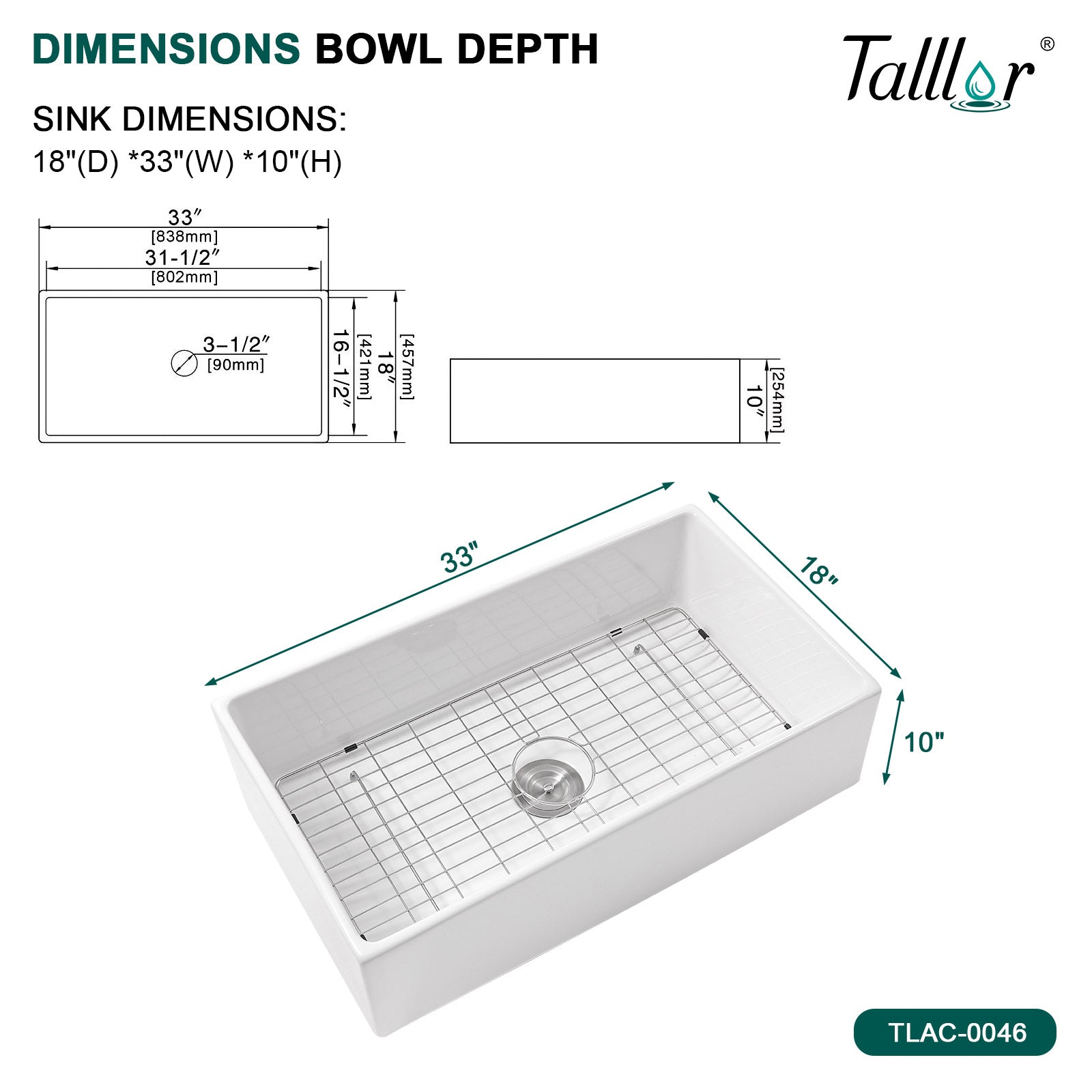 Talllor Fireclay Farmhouse Sink 33 Inch White Farmhouse Sink Apron Front Sink Country Style Barn Kitchen Sink Farmers Sink Porcelain Farm House Sink,18"x33"x10",TLAC-0046