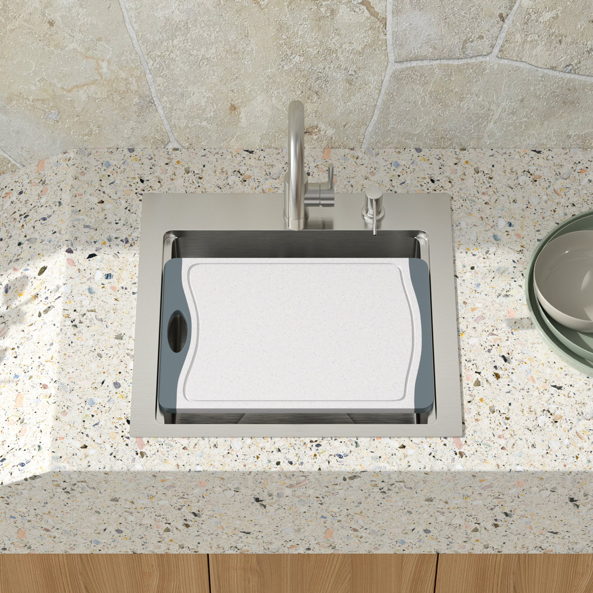 Outdoor kitchen sink installed in countertop